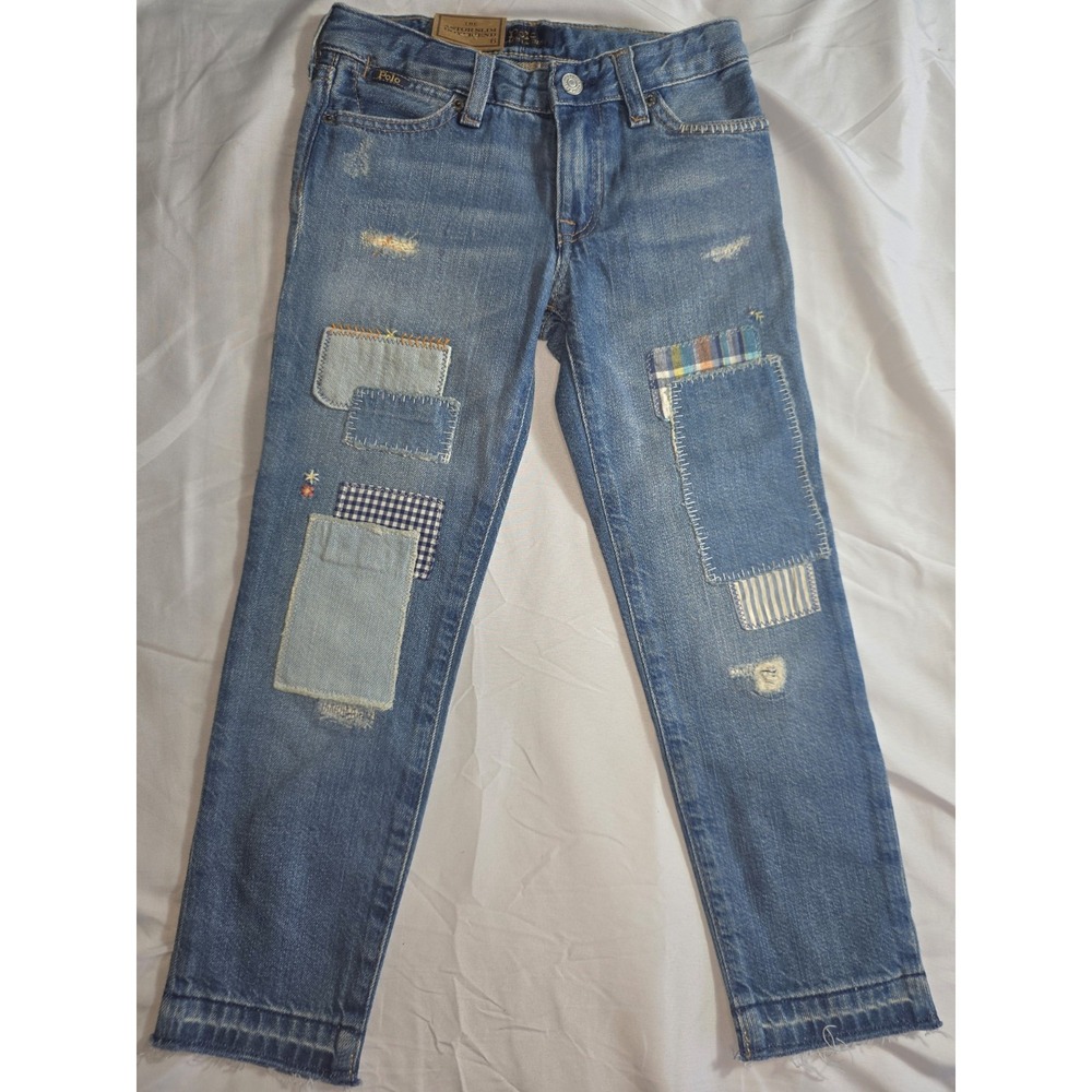 Polo Ralph Lauren Astor Slim Boyfriend Blue Patchwork Plaid Denim Jeans Size 6